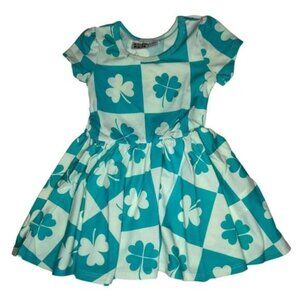 Girls Dot Dot Smile Cap Sleeve Dress Green Shamrock Clover Checkerboard 12-24M